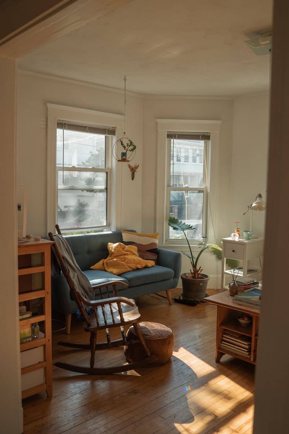 A bright, sunlit California living room, freshly cleaned and reset